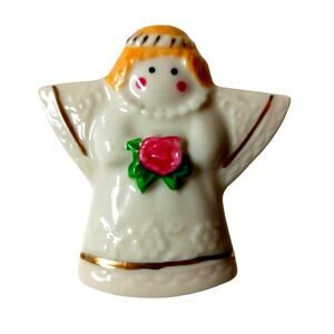 Vintage Ceramic Angel Brooch Christmas Holiday Pink Rose Lapel Pin VTG